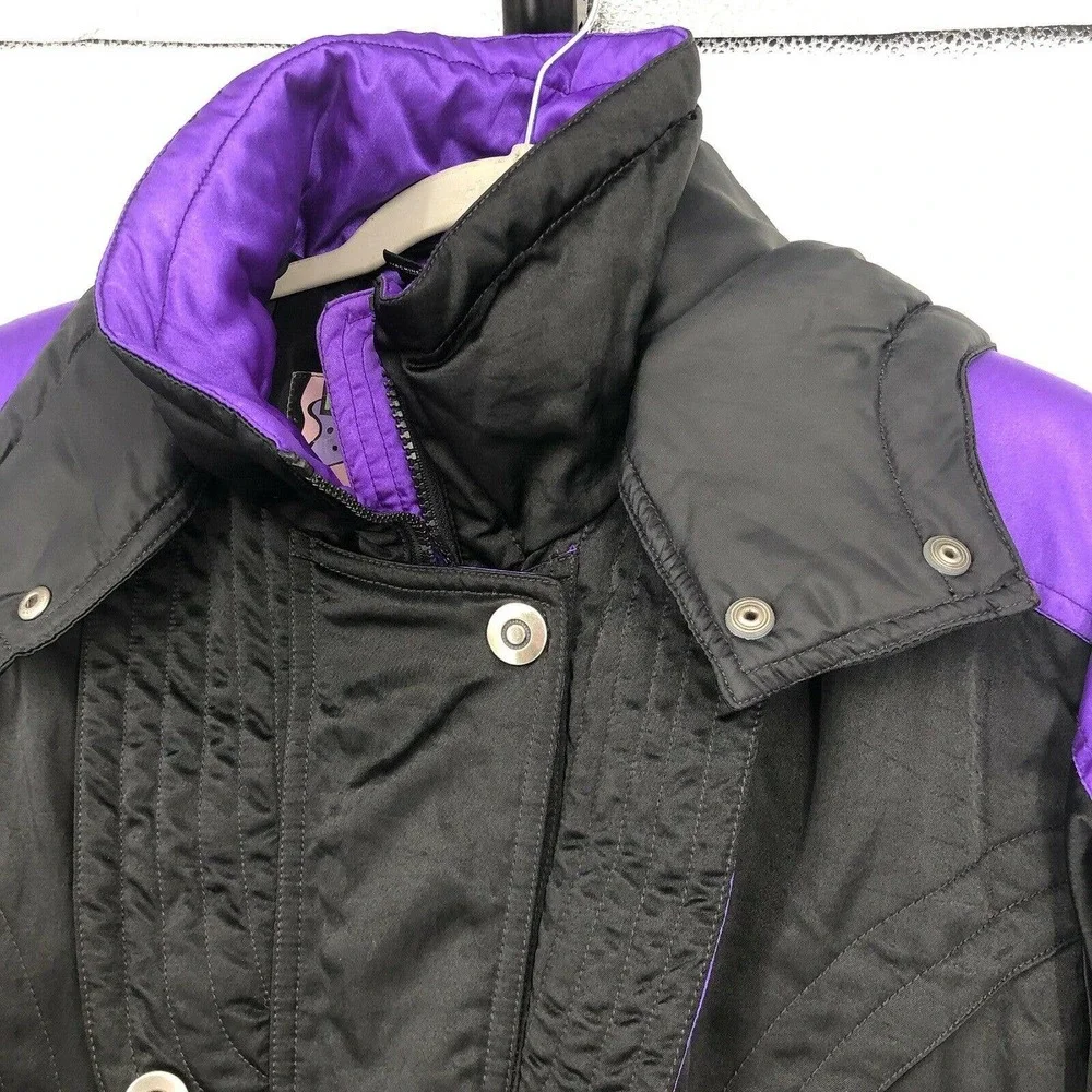 Vintage 80s Prima Womens Size M One Piece Snow Ski Suit Black Purple Hooded - Picture 2 of 12